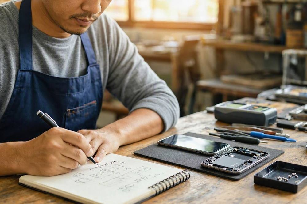Técnico de CET Reparaciones documentando una reparación junto a un móvil desmontado