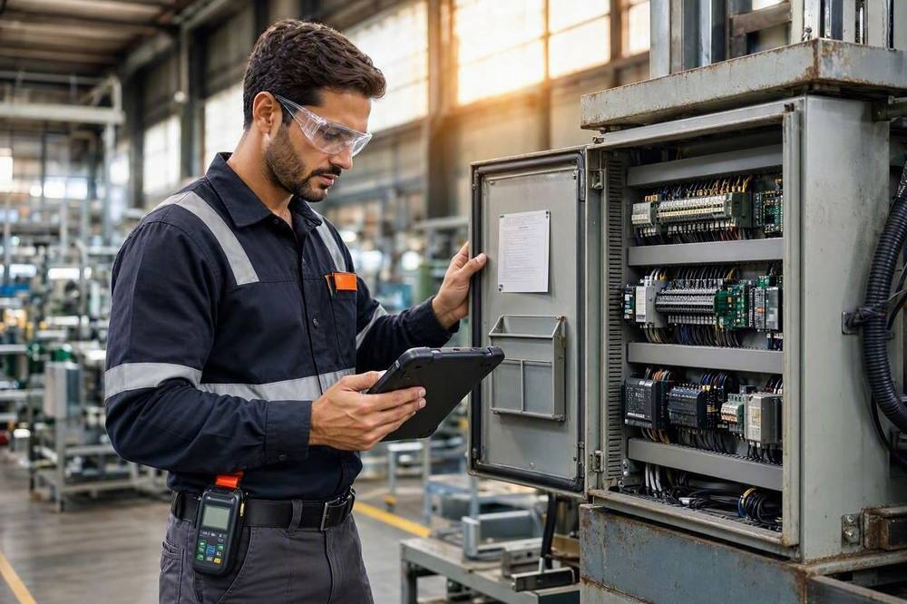 Técnico de CET Reparaciones revisando un cuadro eléctrico industrial con una tablet