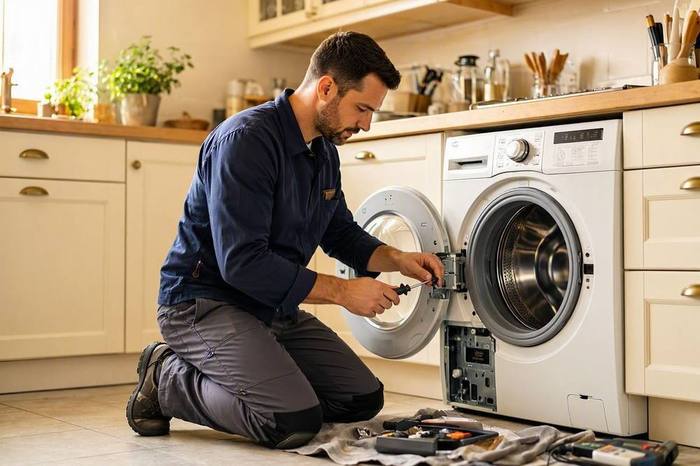 Técnico reparando una lavadora en el domicilio del cliente