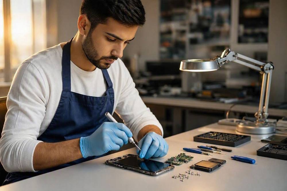 Técnico de CET Reparaciones revisando un móvil desmontado sobre la mesa de trabajo