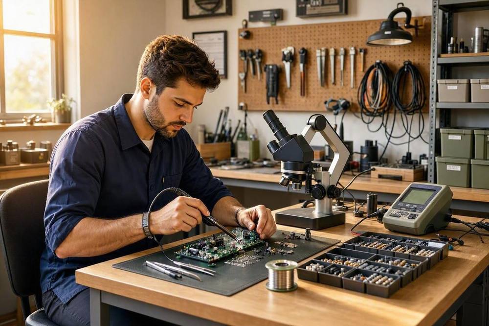 Técnico de CET Reparaciones trabajando en el taller de Daimiel